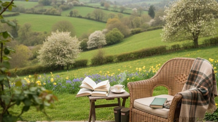 Cozy reading nook in a lush countryside garden.