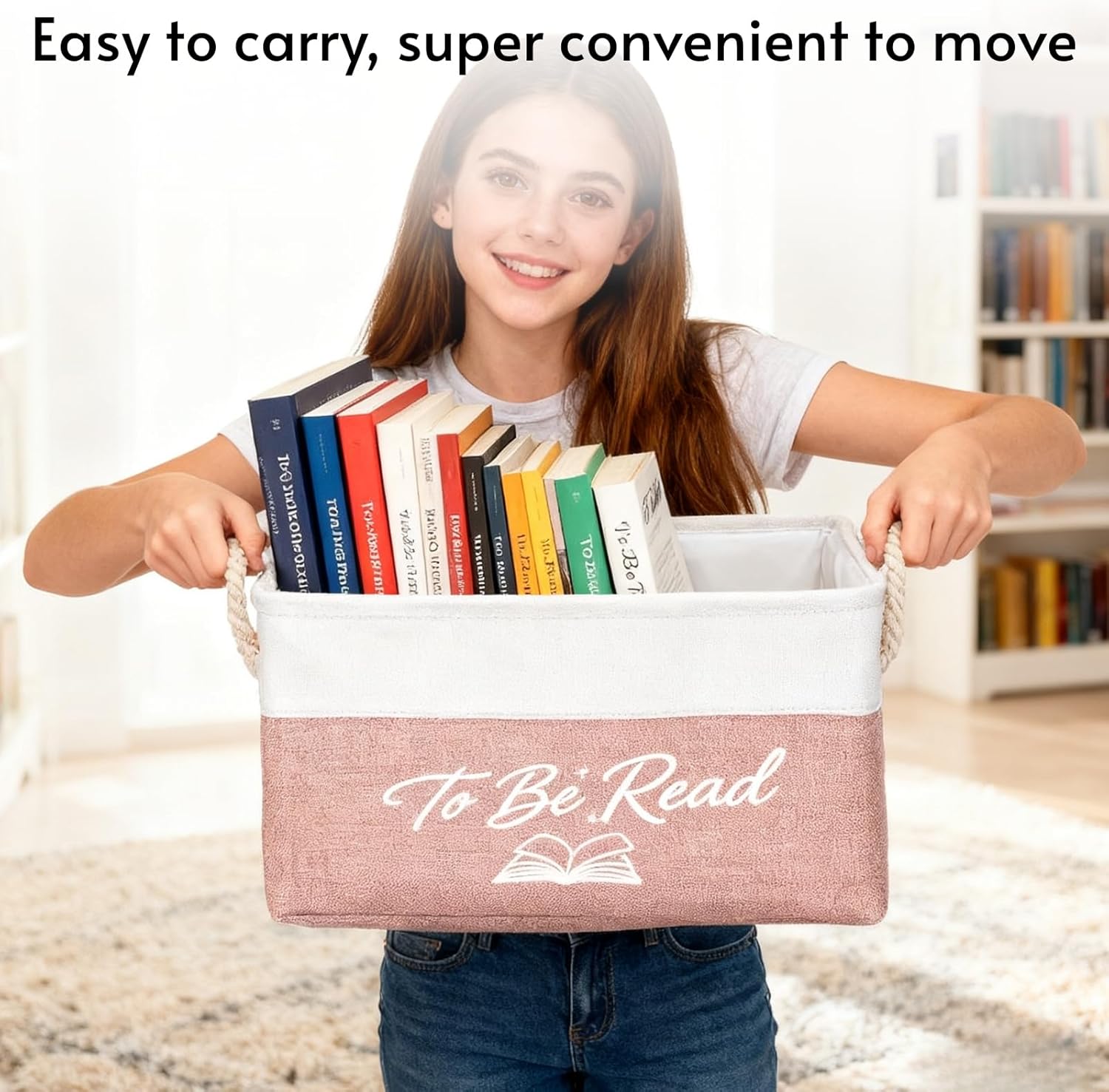 girl carrying book storage basket