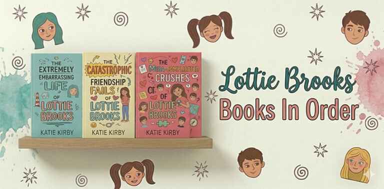 Three illustrated Lottie Brooks books on a wooden shelf.