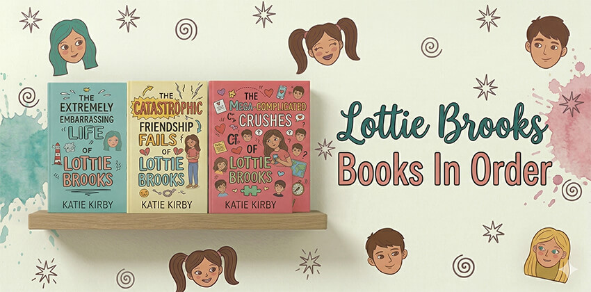 Three illustrated Lottie Brooks books on a wooden shelf.