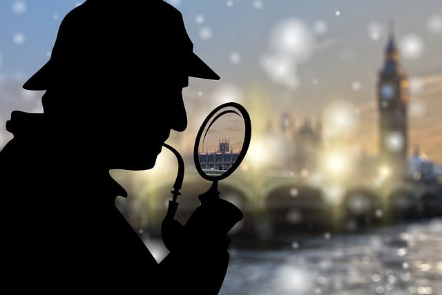 Silhouette of detective with magnifying glass by a bridge.