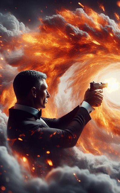 Man in a suit aiming a gun amidst swirling fiery clouds.