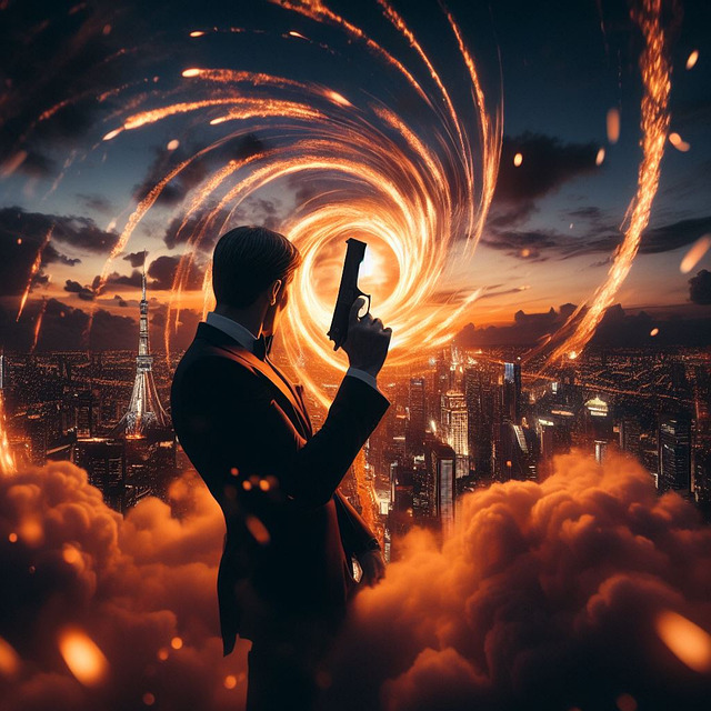 Silhouette of man with gun facing fiery vortex over cityscape.