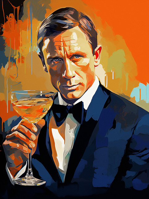 Stylized painting of a man in a suit holding a cocktail.